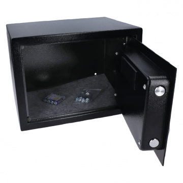 Nábytkový elektronický trezor (350x250x250mm), tloušťka: dveří 3mm, tělo 1mm, vnitřní rozměry 245x185x245mm, barva: černá, balení obsahuje 4x baterie a kotvy do stěny
