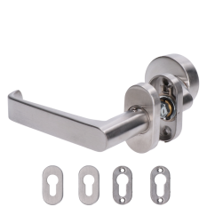 Klika (levá) + koule oválná (pevná), vyhnutá včetně dolní rozety, balení: 1ks klika (levá), 1ks koule oválná, 2ks dolní oválná rozeta, broušená nerez AISI304