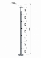 Nerezový sloup, vrchní kotvení, 6 děrový rohový: 90°, vrch pevný (ø 42,4x2 mm), leštěná nerez / AISI304