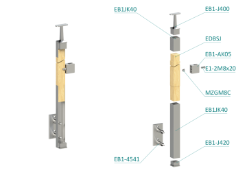 Dřevěný sloup, boční kotvení, výplň: sklo, levý, vrch pevný (40x40mm), materiál: buk, broušený povrch bez nátěru