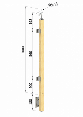 Dřevěný sloup, boční kotvení, výplň: sklo, koncový, levý, vrch nastavitelný (40x40mm), materiál: buk, broušený povrch s nátěrem BORI (bezbarvý)