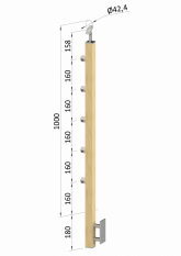 Dřevěný sloup, boční kotvení, 5 řadový, průchozí, vnější, vrch nastavitelný (40x40mm), materiál: buk, broušený povrch bez nátěru