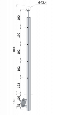 Nerezový sloup, boční kotvení, 4 děrový koncový, levý, vrch pevný (ø42,4x2 mm), broušená nerez K320 / AISI316