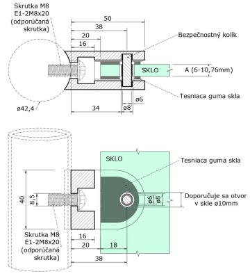 Svorka skla na trubku ø 42.4mm (50x40x26mm) pro sklo 6-10.76mm, broušená nerez K320 /AISI304/, balení neobsahuje gumičky na sklo