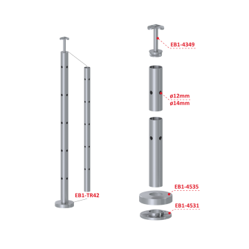 Nerezový sloup, vrchní kotvení, 5 děrový, rohový: 90°, vrch pevný, (ø42,4x2 mm), broušená nerez K320 / AISI304