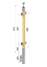 Dřevěný sloup, boční kotvení, výplň: sklo, průchozí, vrch pevný (40x40mm), materiál: buk, broušený povrch bez nátěru