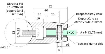 Svorka skla na trubku ø 48,3mm s podložkou a bezpeč. kolíkem (52x52x32mm), broušená nerez K320 /AISI304, balení neobsahuje gumičky na sklo