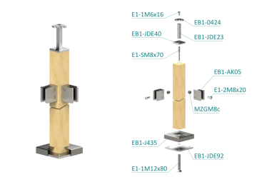 Dřevěný sloup, vrchní kotvení, výplň: sklo, rohový: 90°, vrch pevný (40x40mm), materiál: buk, broušený povrch s nátěrem BORI (bezbarvý)