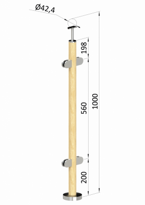 Dřevěný sloup, vrchní kotvení, výplň: sklo, průchozí, vrch pevný (ø42 mm), materiál: buk, boušený povrch s nátěrom BORI (bezbarvý)