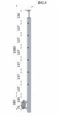 Nerezový sloup, boční kotvení, 6 děrový koncový, levý, vrch pevný (ø42,4x2 mm), broušená nerez K320 / AISI316