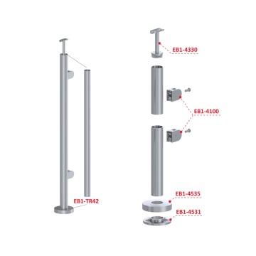 Nerezový sloup, vrchní kotvení, výplň: sklo, pravý, vrch pevný, (ø 42.4x2mm), broušená nerez K320 /AISI304