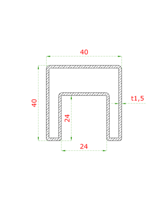 Madlo čtvercové (40x40x1.5mm /24x24mm), cena za 1ks (1m), pro sklo 8-17,5mm, bez gumových těsnění, broušená nerez K320 /AISI304