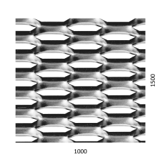 Tahokov Fe, kosočtvercové oko: 44x12mm, mostík: 5mm (1000x1500x1.5mm), orientace oka: rozměr oka 44mm je rovnoběžná s rozměrem tabule 1000mm