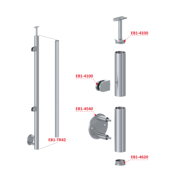 Nerezový sloup, boční kotvení, výplň: sklo, levý, vrch pevný (ø 42,4x2 mm), broušená nerez K320 / AISI304