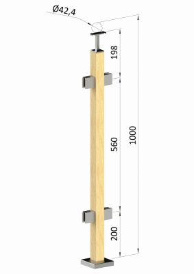 Dřevěný sloup, vrchní kotvení, výplň: sklo, průchozí, vrch pevný (40x40 mm), materiál: buk, broušený povrch bez nátěru