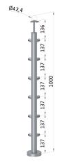 Nerezový sloup, vrchní kotvení, 6 řadový, rohový: 90°, vrch pevný (ø42,4x2 mm), broušená nerez K320 / AISI304