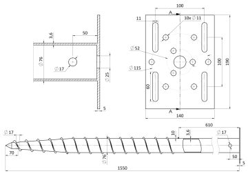 Zemní šroub/zemní vrut - stavební - žárový pozink, 1600mm