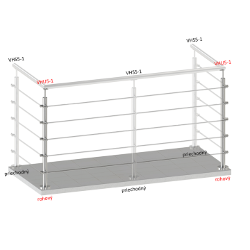 Nerezový sloup, vrchní kotvení, 5 řadový, rohový: 90°, vrch pevný (ø42,4x2 mm), broušená nerez K320 / AISI304