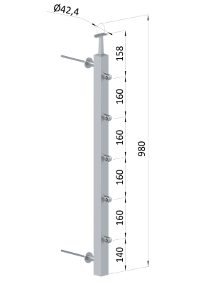 Nerezový sloup na francouzský balkón, boční kotvení, 5 řadový, levý, vrch pevný, (40x40x2 mm), broušená nerez K320 / AISI304