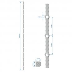 Probíjená tyč H 2000 mm opískovaná, zdobený profil 14x14 mm, rozteč děr 140 mm, na jedné tyči je 14x oko 14,5x14,5 mm