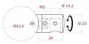 Držák tyče ø 14 mm (koncový-pravý) na trubku ø 42.4 mm (30x22 mm), broušená nerez K320 / AISI304