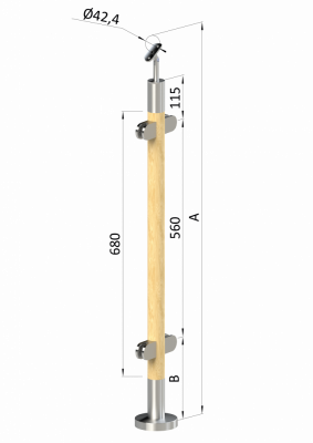 Dřevěný sloup, vrchní kotvení, výplň: sklo, průchozí, vrch nastavitelný (ø 42mm), materiál: buk, broušený povrch s nátěrem BORI (bezbarvý)