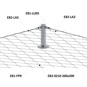 Sada pro fasádní kabelovou stěnu, rozměr: 1,8x10 m, odsazení od stěny: 150 mm, nerezová ocel - kombinace AISI 304 a 316. Obsahuje potřebný počet součástí