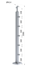 Nerezový sloup, vrchní kotvení, 5 řadový průchodný, vrch nastavitelný, (40x40 mm), broušená nerez K320 / AISI304