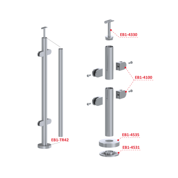 Nerezový sloup, vrchní kotvení, výplň: sklo, průchozí, vrch pevný (ø42,4x2 mm), broušená nerez K320 / AISI304