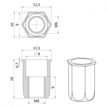 Nitovacia matica M6/0.3-3.0/ mikro hlava, hex, L=15.5mm, nerez