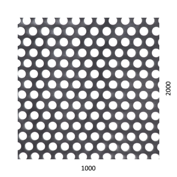 Děrovaný plech kruhový přesazený Fe, otvor: ø 10 mm, rozteč: 15 mm, (1000x2000x1 mm)