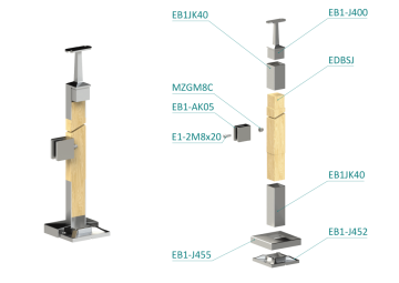Dřevěný sloup, vrchní kotvení, výplň: sklo, levý, vrch pevný (40x40 mm), materiál: buk, broušený povrch bez nátěru