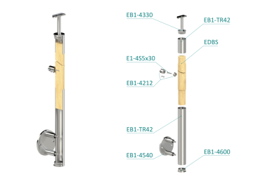 Dřevěný sloup, boční kotvení, 4 řadový, průchozí, vnitřní, vrch pevný (ø 42mm), materiál: buk, broušený povrch s nátěrem BORI (bezbarvý)