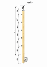Dřevěný sloup, boční kotvení, 5 řadový, průchozí, vnější, vrch nastavitelný (ø 42mm), materiál: buk, broušený povrch s nátěrem BORI (bezbarvý)