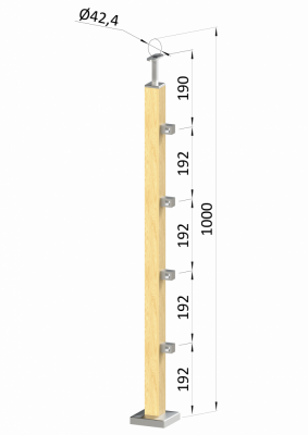 Dřevěný sloup, vrchní kotvení, 4 řadový, průchozí, vrch pevný (40x40mm), materiál: buk, broušený povrch bez nátěru