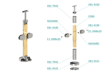 Dřevěný sloup, vrchní kotvení, výplň: sklo, průchozí, vrch pevný (ø 42mm), materiál: buk, broušený povrch s nátěrem BORI (bezbarvé)