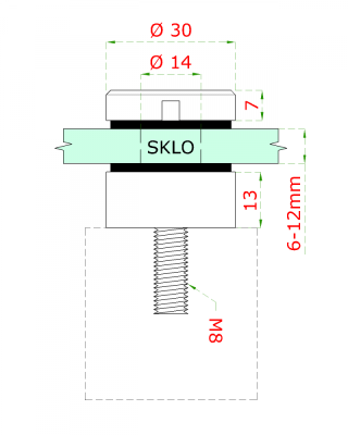 Svorka bodová na sklo 6-12 mm plochá (ø 30 mm / M8), broušená nerez K320 / AISI304, balení obsahuje gumičky na sklo