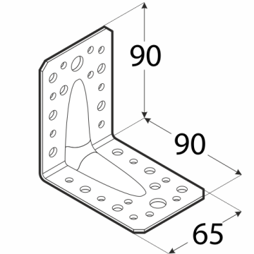 úhelník s prolisem 90x90x65mm, 2,0mm, pozink, díry průměr 5mm-16ks, 7mm-12ks, 11mm-2ks