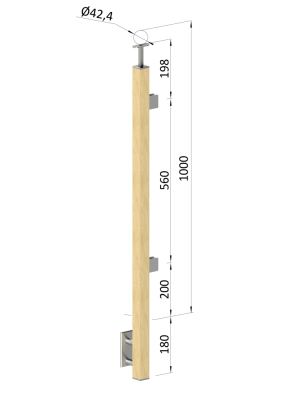 Dřevěný sloup, boční kotvení, výplň: sklo, koncový, pravý, vrch pevný (40x40mm), materiál: buk, broušený povrch s nátěrem BORI (bezbarvý)