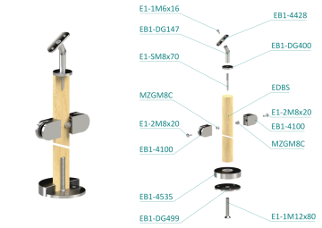 Dřevěný sloup, vrchní kotvení, výplň: sklo, průchozí, vrch nastavit. (ø 42mm), materiál: buk, broušený povrch bez nátěru