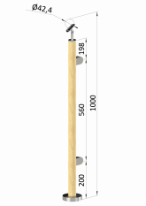 Dřevěný sloup, vrchní kotvení, výplň: sklo, pravý, vrch nastavitelný (ø 42mm), materiál: buk, broušený povrch bez nátěru
