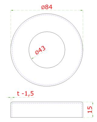 Kryt příruby (84x15mm) na trubku ø 42.4mm, otvor ø 42.8mm, leštěná nerez