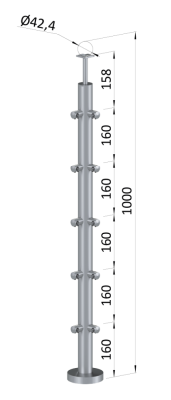 Nerezový sloup, vrchní kotvení, 5 řadový, rohový: 90°, vrch pevný (ø42,4x2 mm), broušená nerez K320 / AISI304
