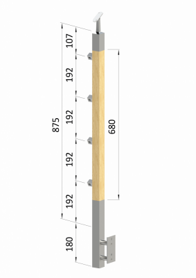 Dřevěný sloup, boční kotvení, 4 řadový, průchozí, vnější, vrch nastavitelný (40x40mm), materiál: buk, broušený povrch bez nátěru