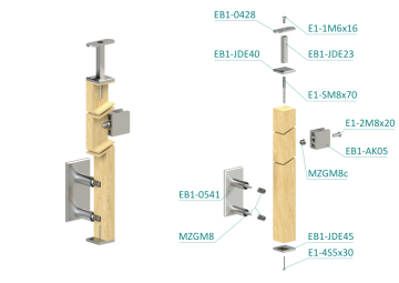 Dřevěný sloup, boční kotvení, výplň: sklo, koncový, pravý, vrch pevný (40x40mm), materiál: buk, broušený povrch s nátěrem BORI (bezbarvý)