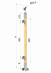 Dřevěný sloup, vrchní kotvení, výplň: sklo, levý, vrch nastavitelný (ø 42mm), materiál: buk, broušený povrch bez nátěru