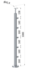 Nerezový sloup, vrchní kotvení, 5 řadový průchodný, vrch pevný (ø42,4x2 mm), broušená nerez K320 / AISI316