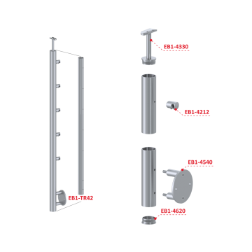 Nerezový sloup, boční kotvení, 5 řadový průchodný, vnitřní, vrch pevný (ø 42,4x2 mm), broušená nerez K320 / AISI304