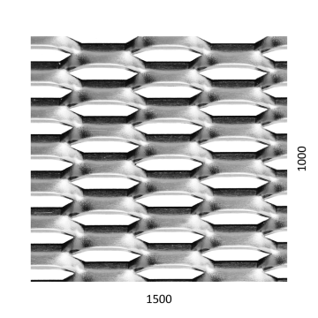 Tahokov Zn, kosočtvercové oko: 44x12mm, mostík: 5mm (1500x1000x1.5mm), orientace oka: rozměr oka 44mm je rovnoběžná s rozměrem tabule 1500mm