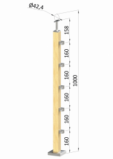 Dřevěný sloup, vrchní kotvení, 5 řadový, průchozí, vrch pevný (40x40mm), materiál: buk, broušený povrch bez nátěru